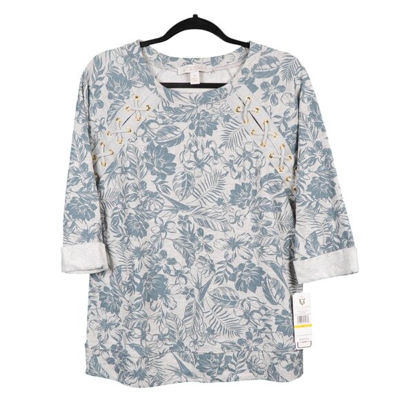 Life Worx Tops - Life Worx Floral Print Top Sweatshirt M Lace Up 3/4 Sleeves Cotton Blue Gray
